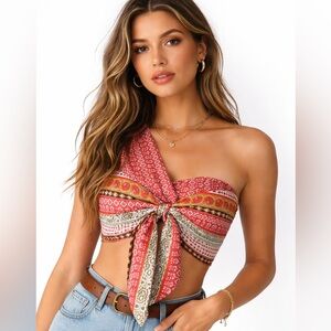Anthropologie One-Shoulder Scarf Crop Top Boho Bandana Festival Top Medium